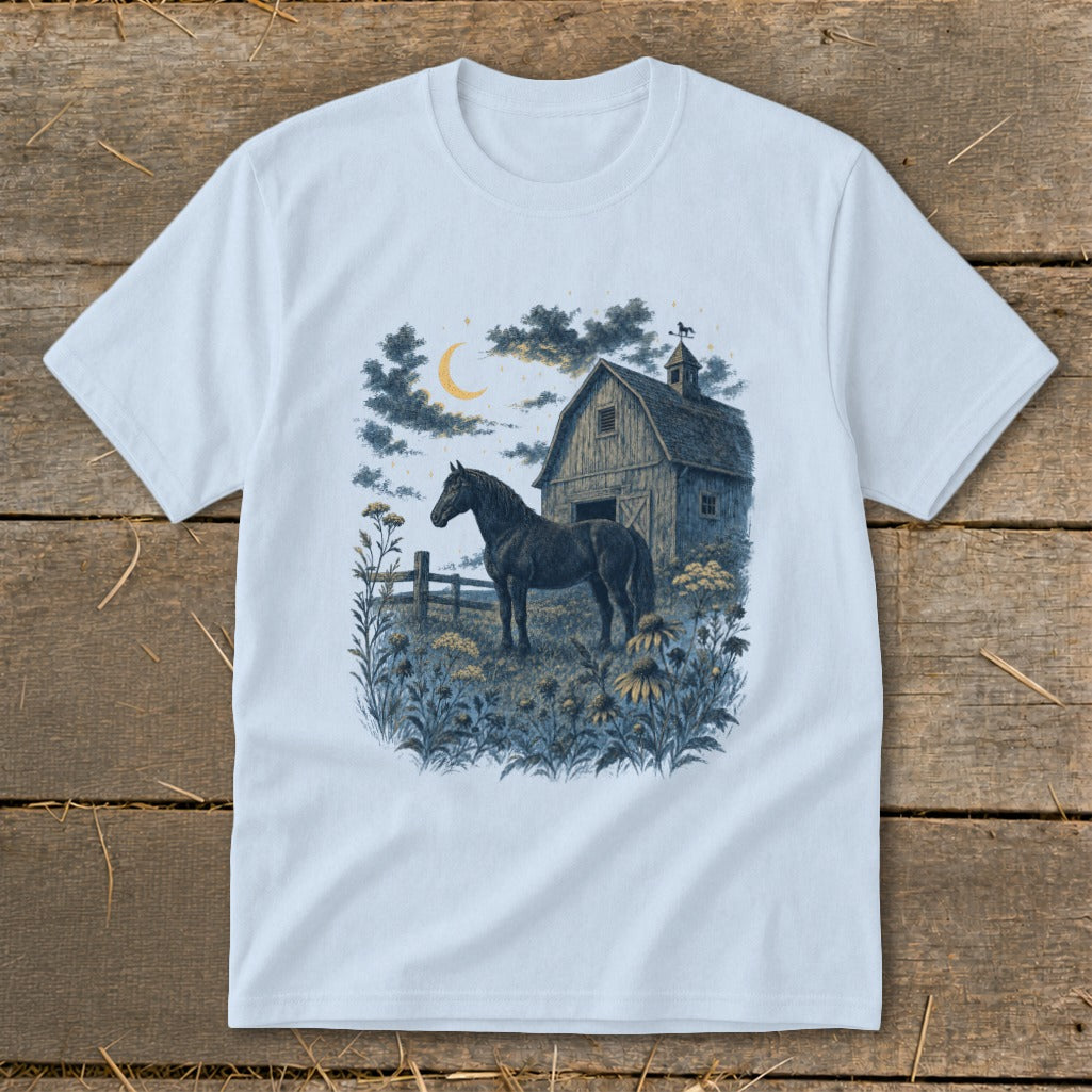 Black horse in a field with a barn, moon, and stars.