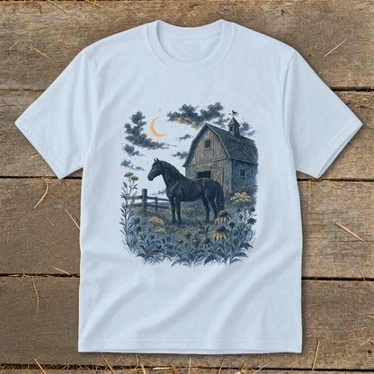 Black horse in a field with a barn, moon, and stars.