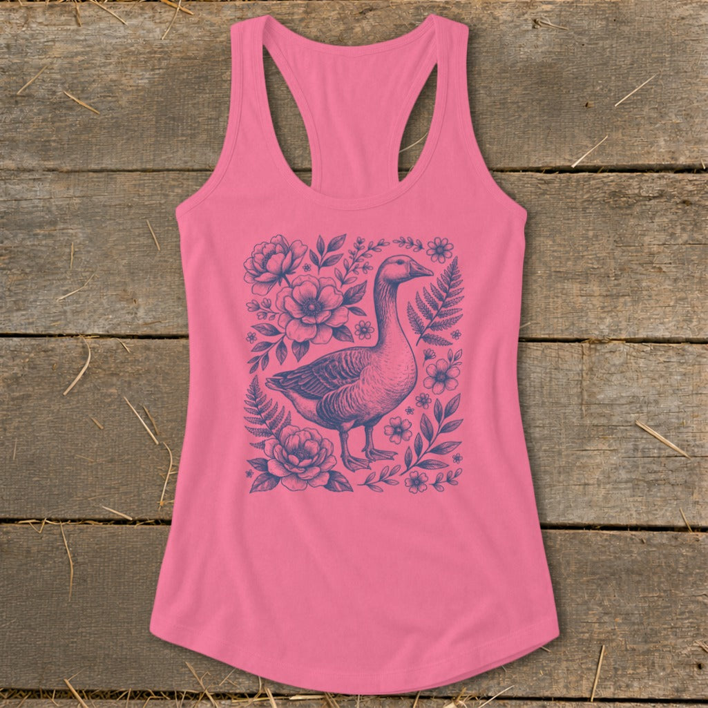 Pink tank top with a navy blue goose and floral illustration.