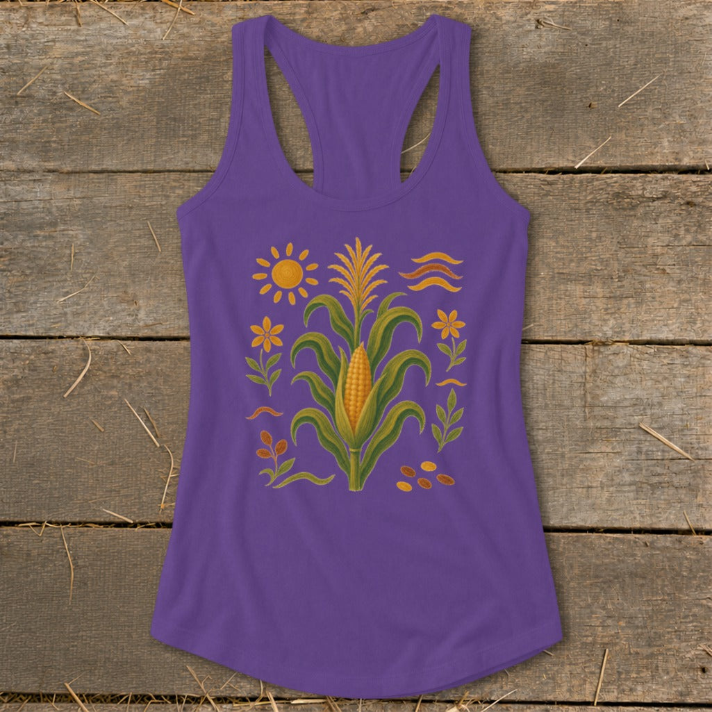 Purple tank top with corn and floral graphic, sun, and wavy lines.