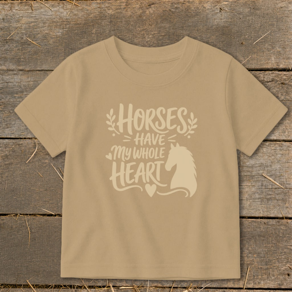 Tan t-shirt with "Horses Have My Whole Heart" text and horse silhouette.