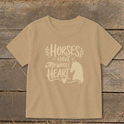 Tan t-shirt with "Horses Have My Whole Heart" text and horse silhouette.