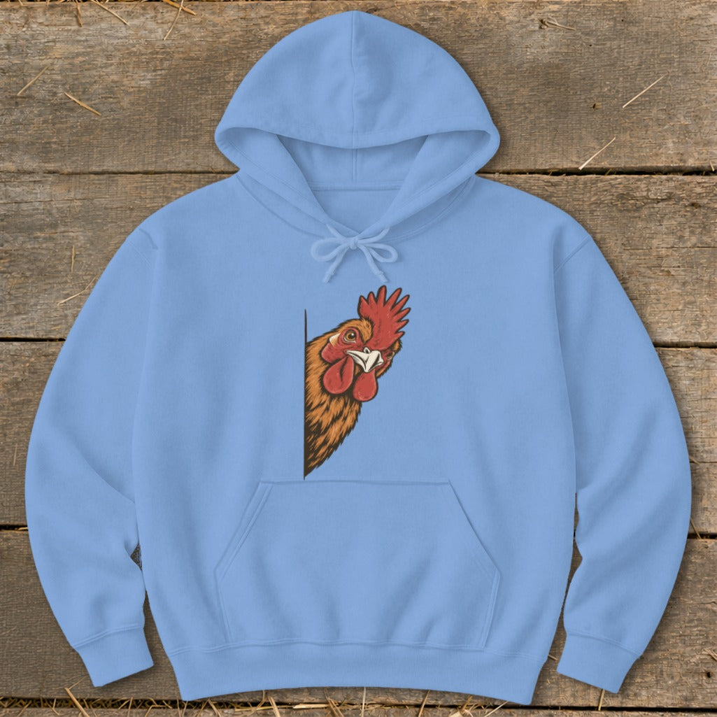 Light blue hoodie with a cartoon rooster peeking from the left edge.