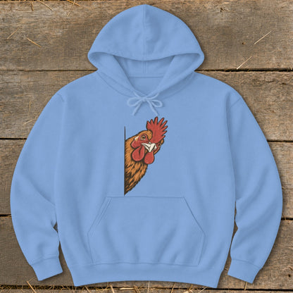Light blue hoodie with a cartoon rooster peeking from the left edge.