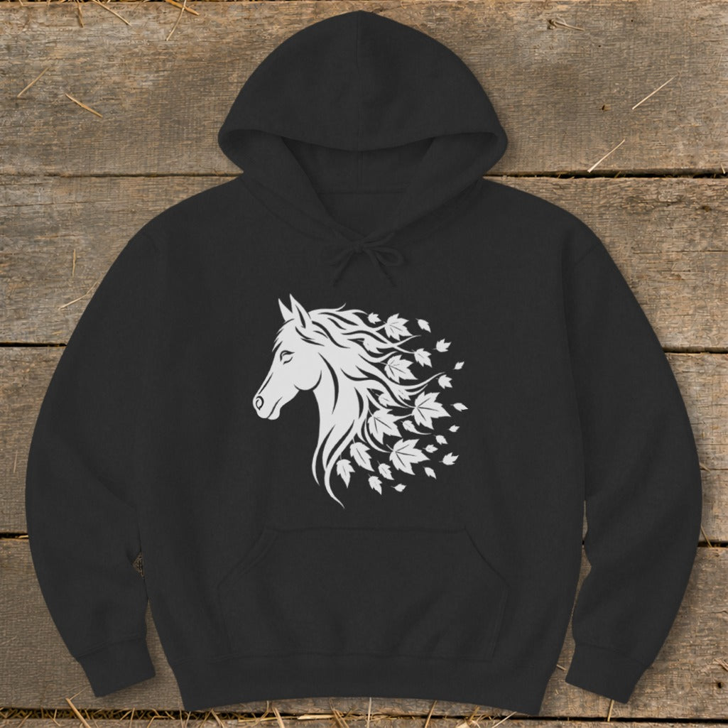 Black hoodie with a white horse head graphic and swirling leaves design.