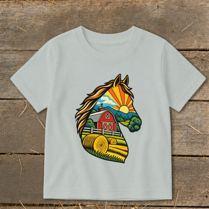 A light gray t-shirt featuring a graphic of a horse head filled with a countryside farm scene.