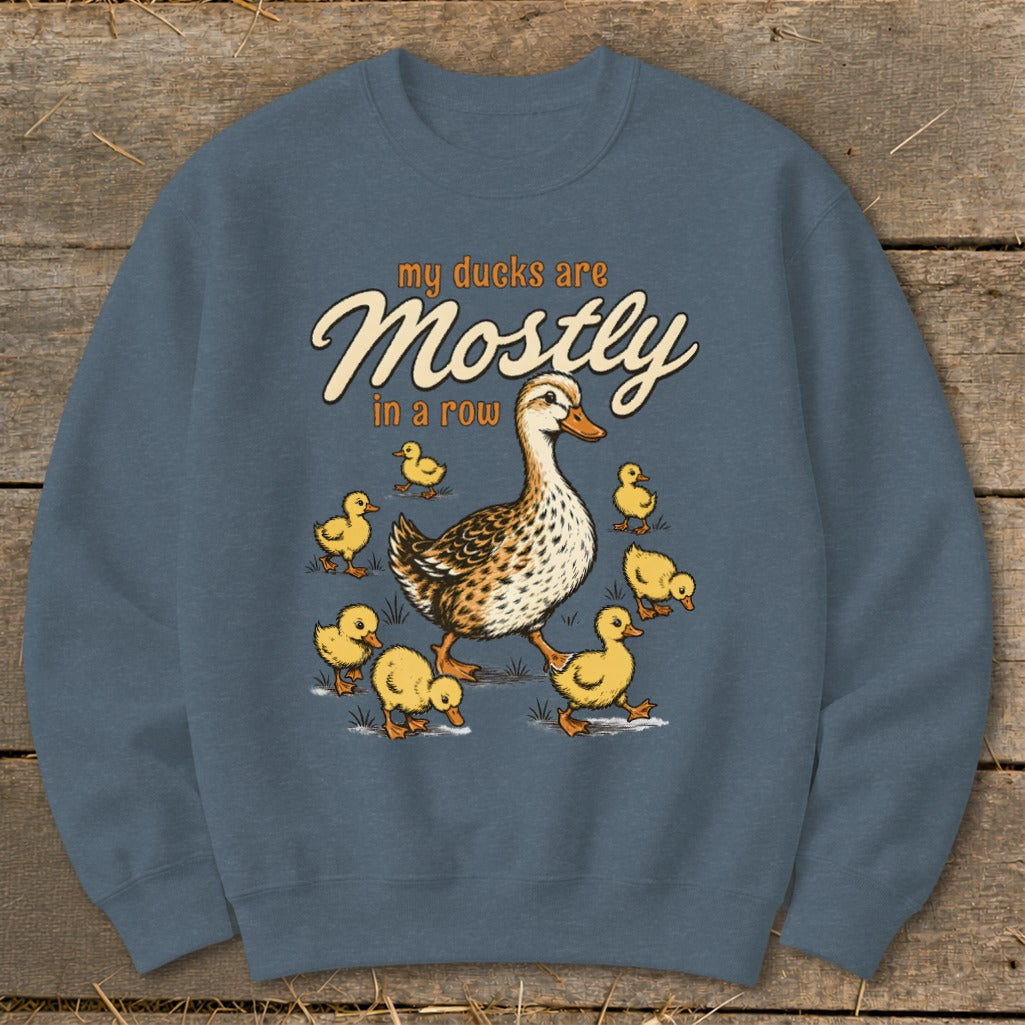 Adult duck and ducklings graphic with text "my ducks are Mostly in a row".