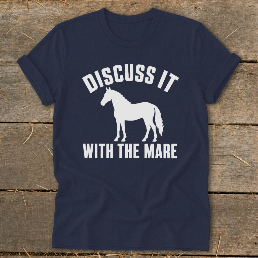 Navy t-shirt with white graphic and text "Discuss It With The Mare" and a horse silhouette.