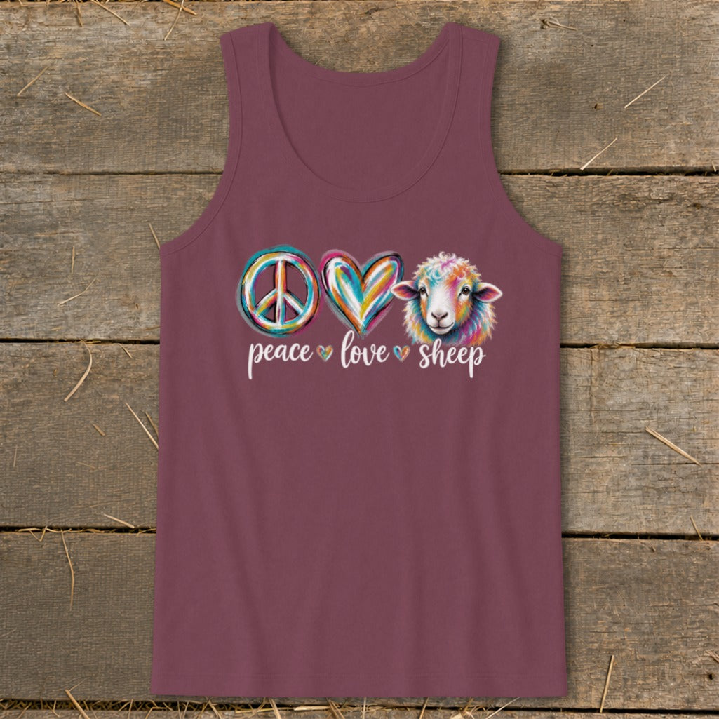Maroon tank top with peace sign, heart, and colorful sheep graphic and text.