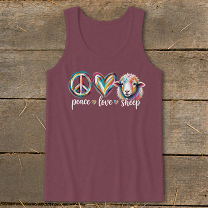 Maroon tank top with peace sign, heart, and colorful sheep graphic and text.