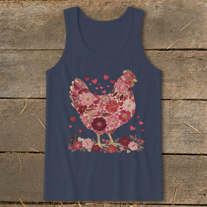 Navy tank top with a chicken design made of pink and red flowers and hearts.