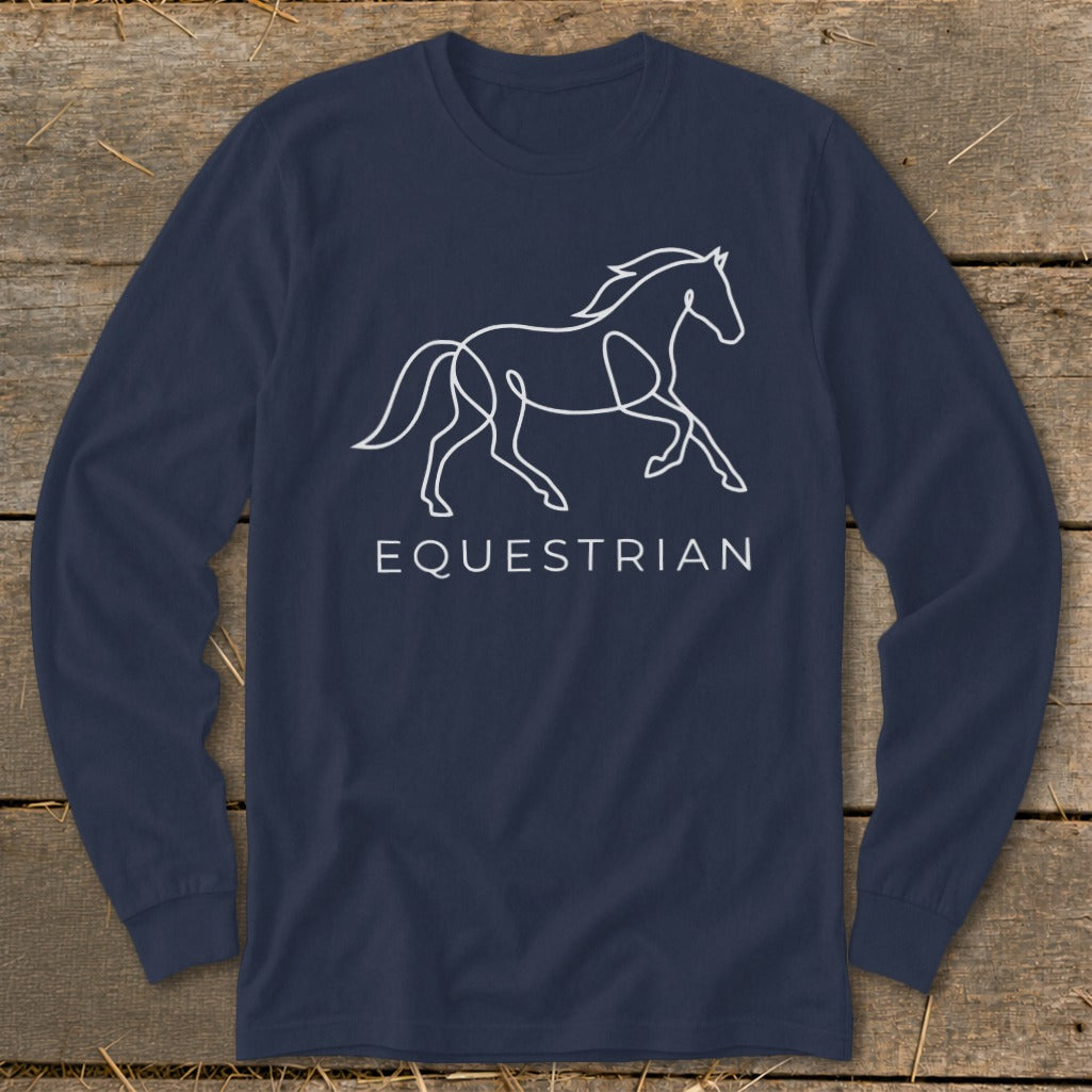 Navy long-sleeve shirt with white line art of a running horse and the word "EQUESTRIAN".