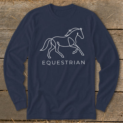 Navy long-sleeve shirt with white line art of a running horse and the word "EQUESTRIAN".