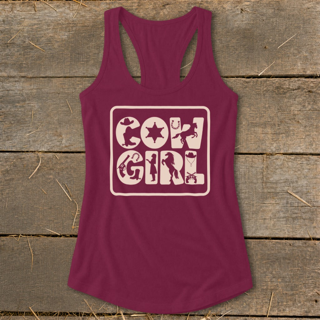 Maroon tank top with "COW GIRL" graphic and Western-themed icons.
