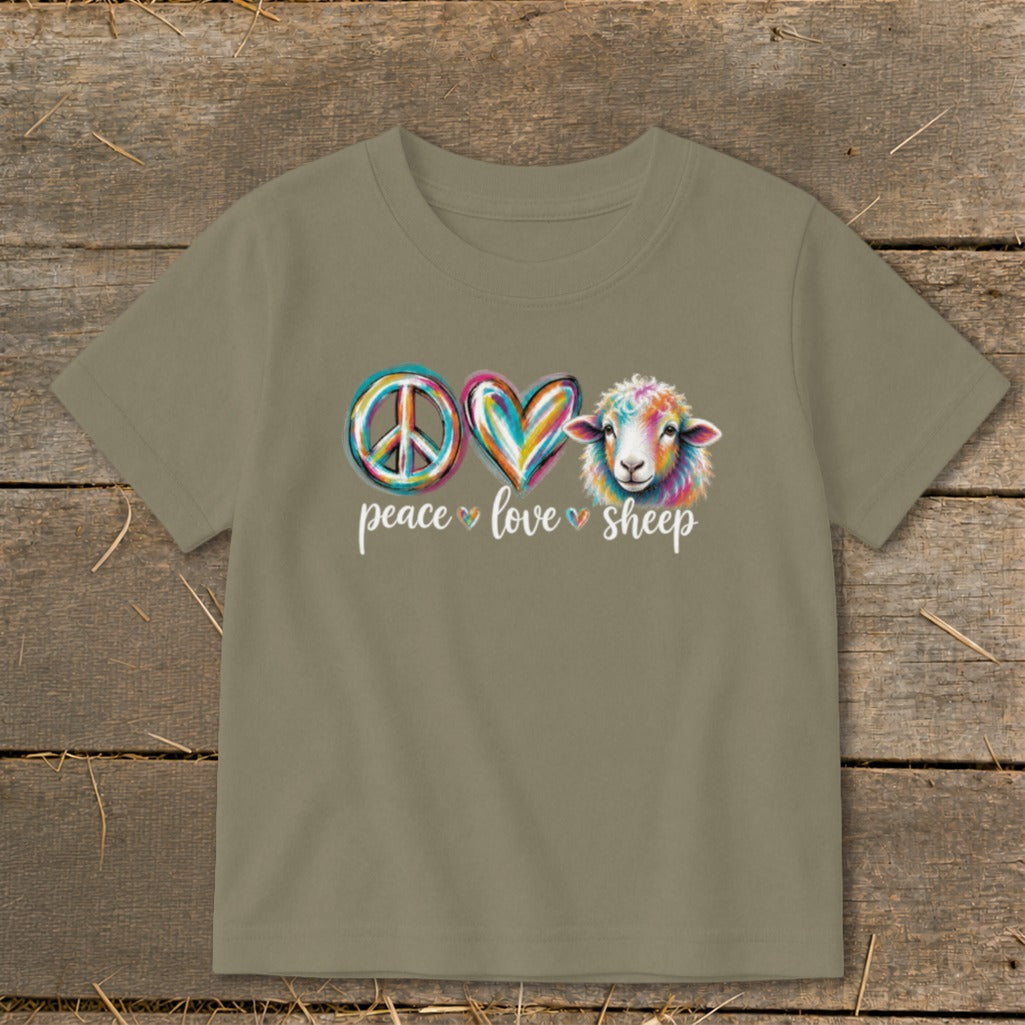T-shirt with peace, heart, and sheep graphic and text "peace love sheep".