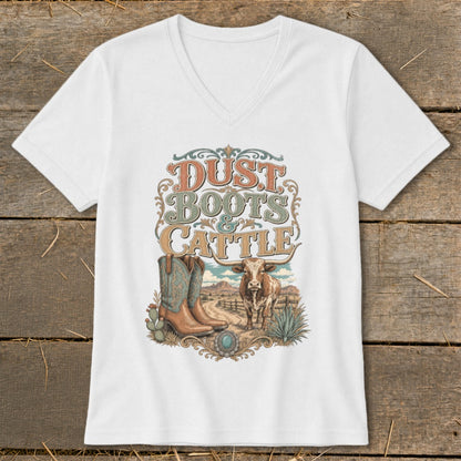 White t-shirt with "Dust Boots & Cattle" graphic featuring cowboy boots and a longhorn.