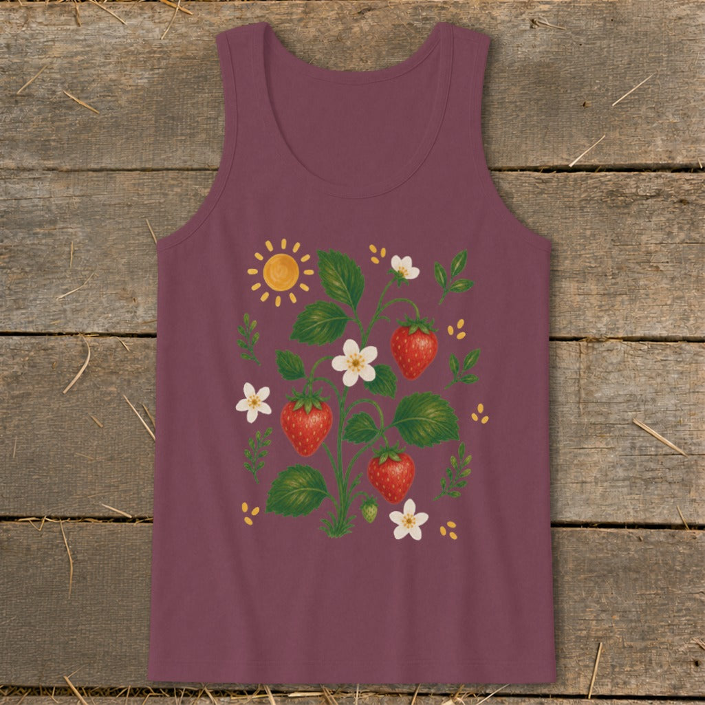 Burgundy tank top with a watercolor strawberry plant, flowers, and sun graphic.