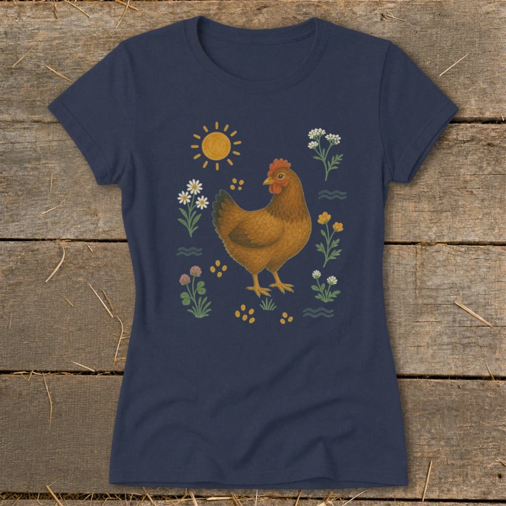 Navy t-shirt with a brown chicken and floral design.