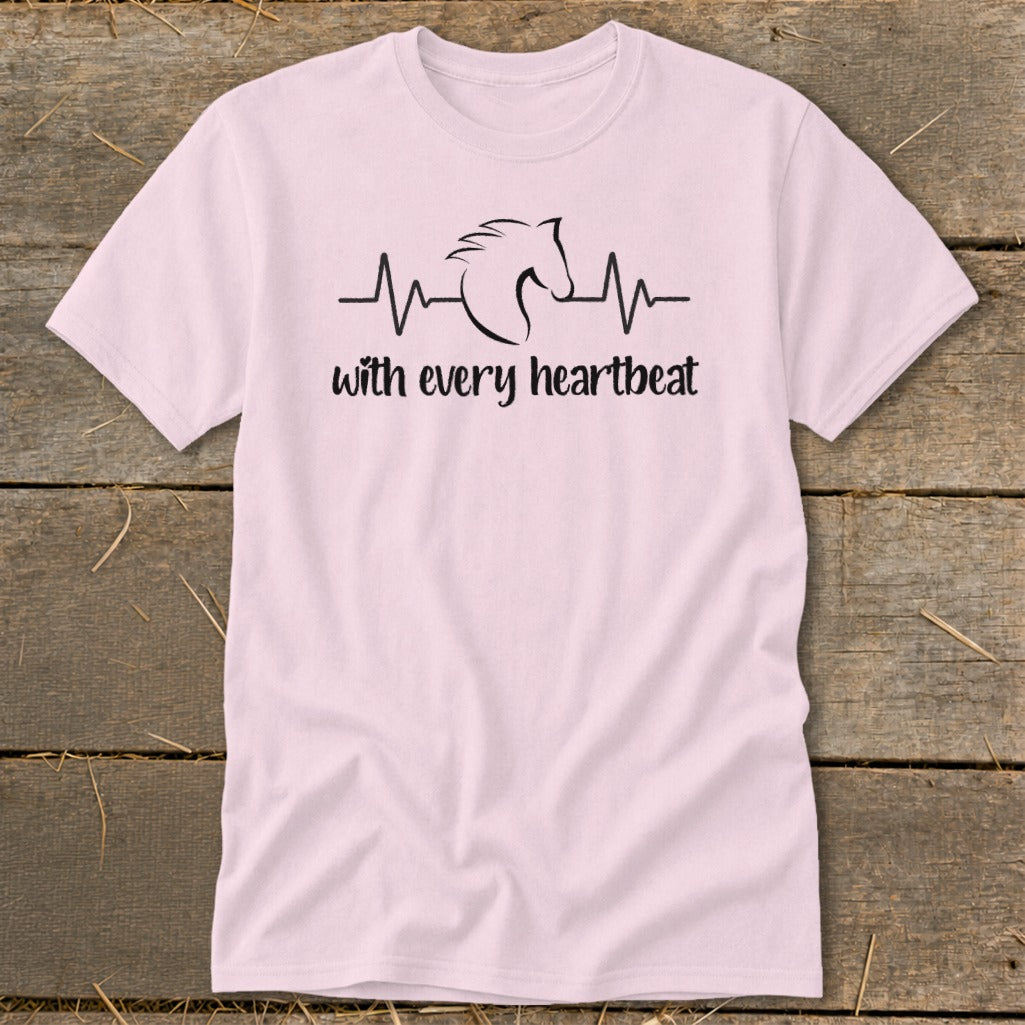 Pink t-shirt with black horse and heartbeat graphic and text.