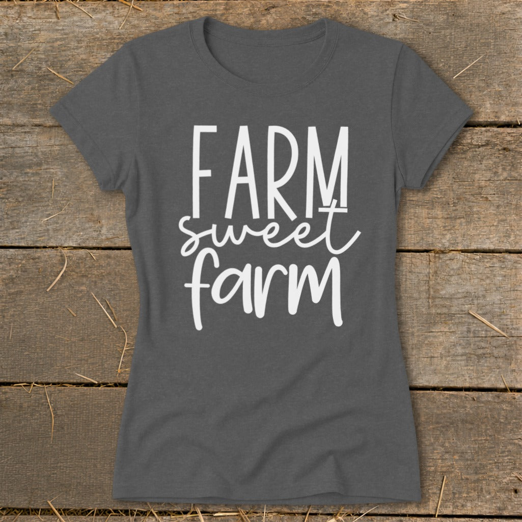 Dark grey t-shirt with white text reading "FARM sweet farm".