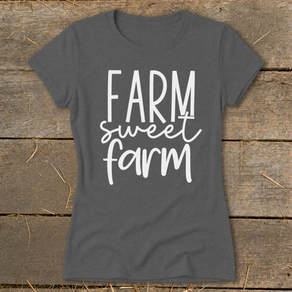 Dark grey t-shirt with white text reading "FARM sweet farm".