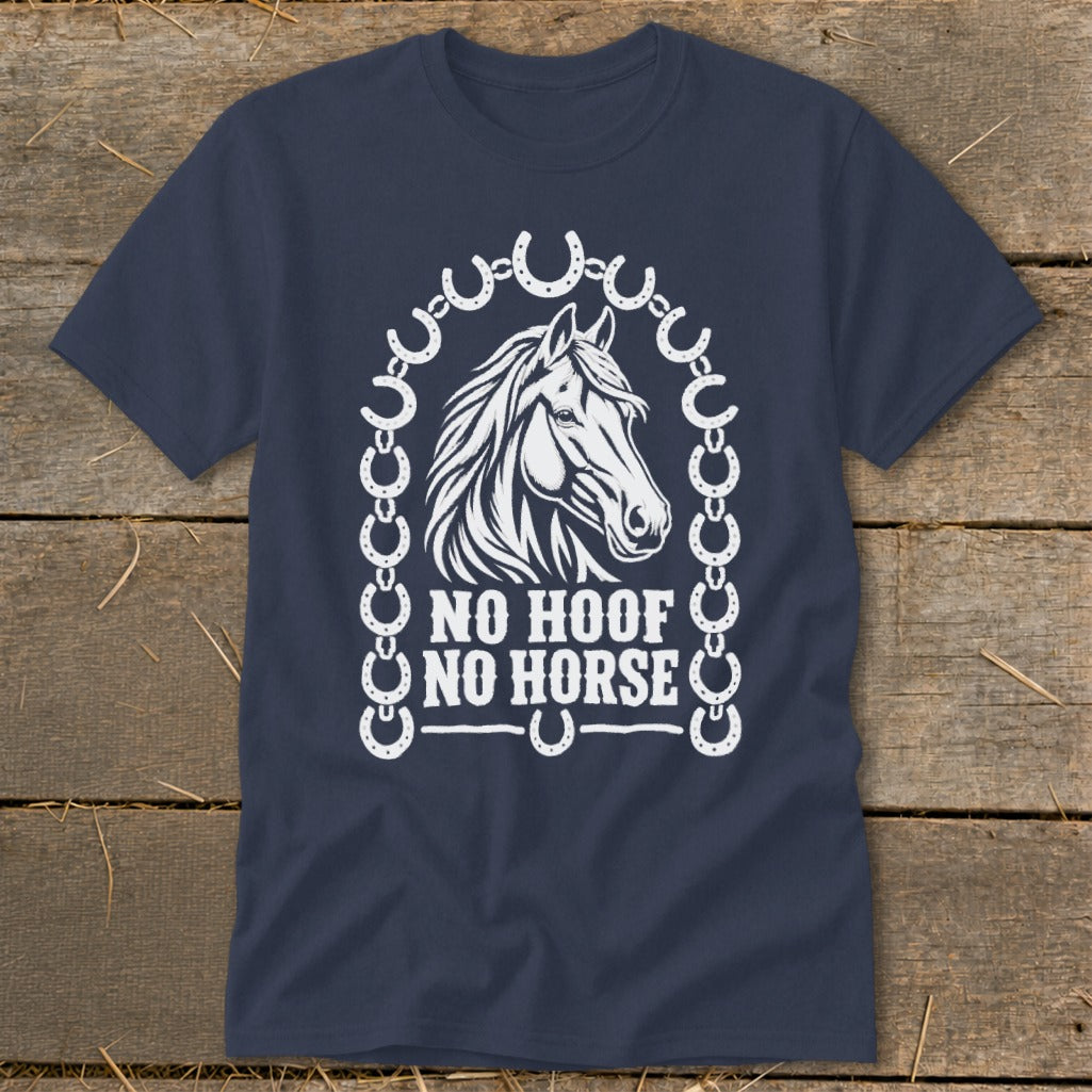 Dark blue t-shirt with white horse head graphic and "NO HOOF NO HORSE" text.