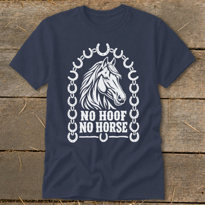 Dark blue t-shirt with white horse head graphic and "NO HOOF NO HORSE" text.