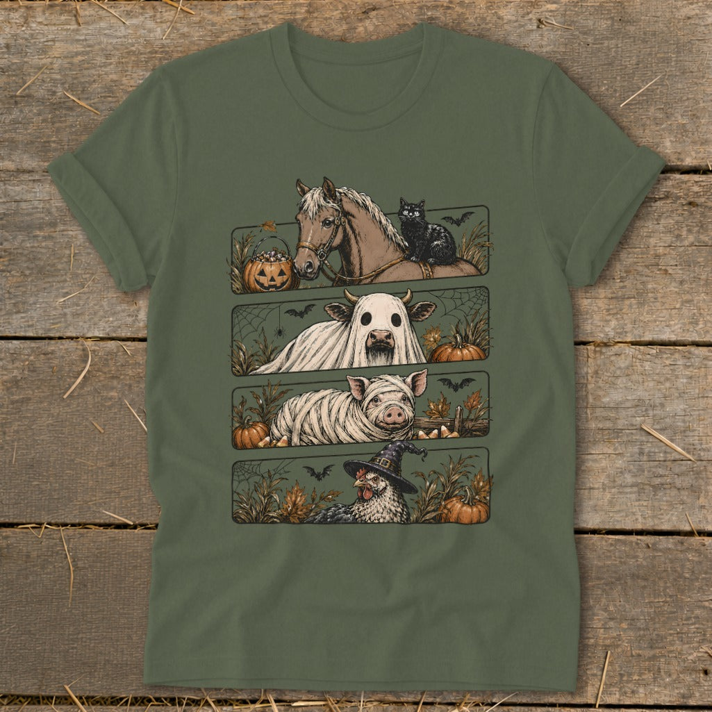 Halloween farm animals: horse with cat, cow ghost, mummy pig, witch chicken.
