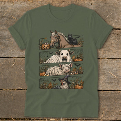 Halloween farm animals: horse with cat, cow ghost, mummy pig, witch chicken.