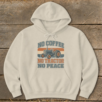 Cream hoodie with "NO COFFEE NO TRACTOR NO PEACE" text and tractor graphic.