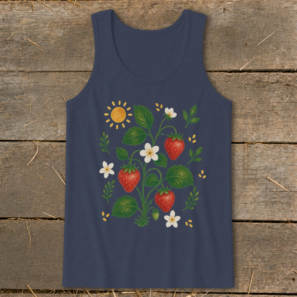 Navy tank top with a watercolor-style strawberry plant, white flowers, and a yellow sun.
