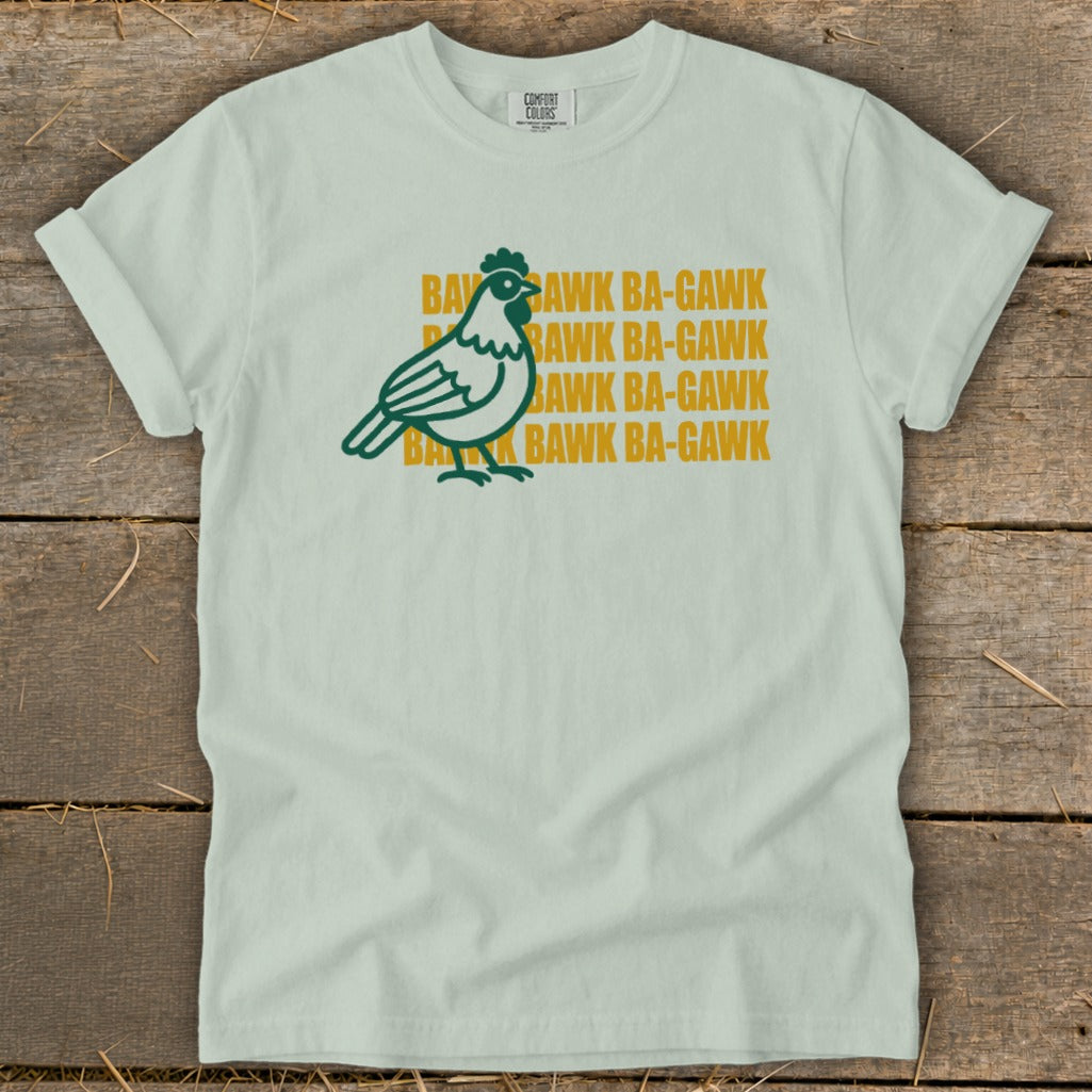 Green chicken graphic on a light gray t-shirt with repeating yellow text "Bawk Ba-Gawk".