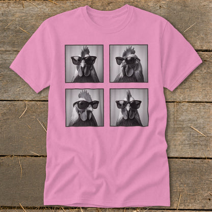 Pink t-shirt with four black and white portraits of roosters wearing sunglasses.