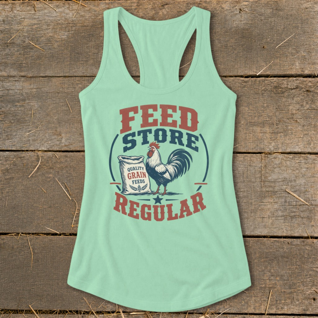 Light green tank top with "Feed Store Regular" text and a rooster next to a grain bag.