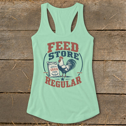 Light green tank top with "Feed Store Regular" text and a rooster next to a grain bag.