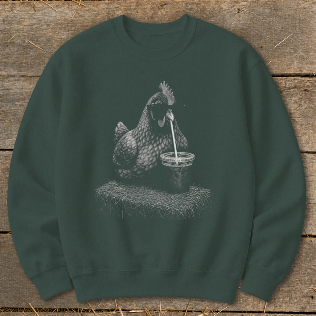 Dark green sweatshirt with a detailed drawing of a hen drinking from a cup with a straw.