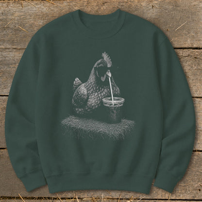 Dark green sweatshirt with a detailed drawing of a hen drinking from a cup with a straw.