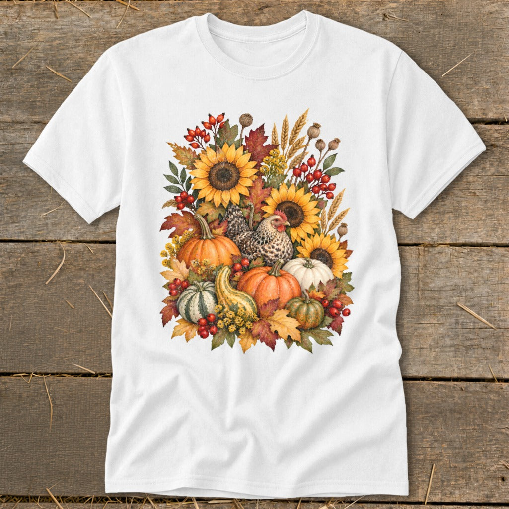 White t-shirt with a watercolor design of sunflowers, pumpkins, gourds, berries, and a chicken.