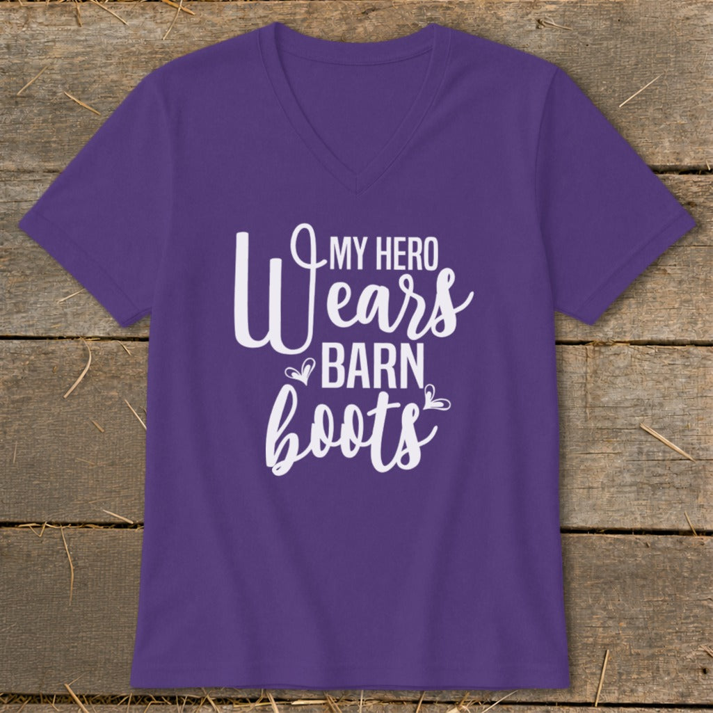Purple t-shirt with white text that reads "My Hero Wears Barn Boots".