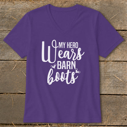 Purple t-shirt with white text that reads "My Hero Wears Barn Boots".