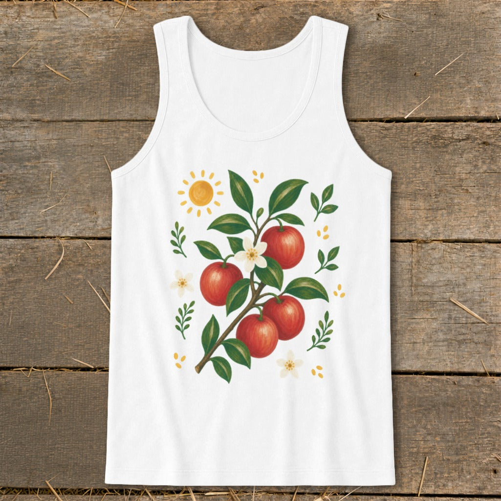 White tank top with an illustration of a branch with red apples, leaves, flowers, and sun.