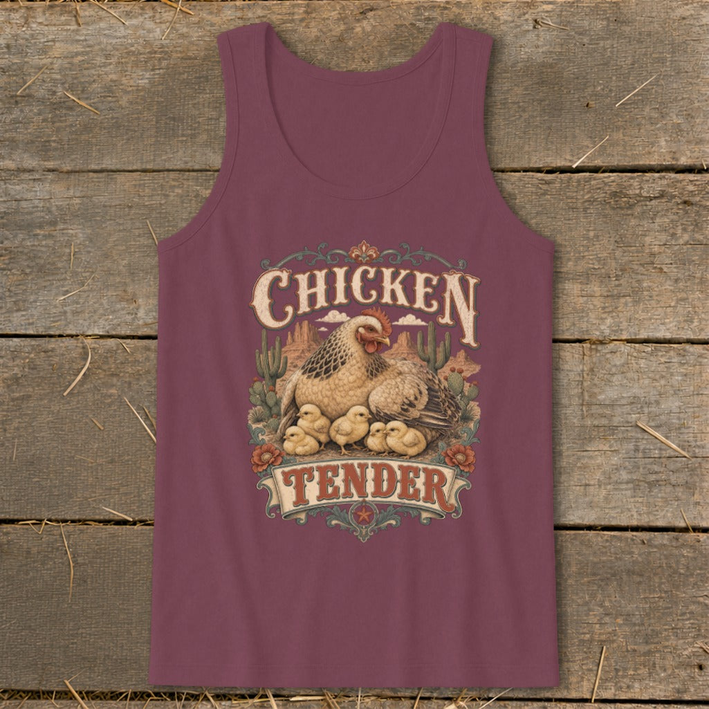 Burgundy tank top with "Chicken Tender" text and a hen with chicks design.