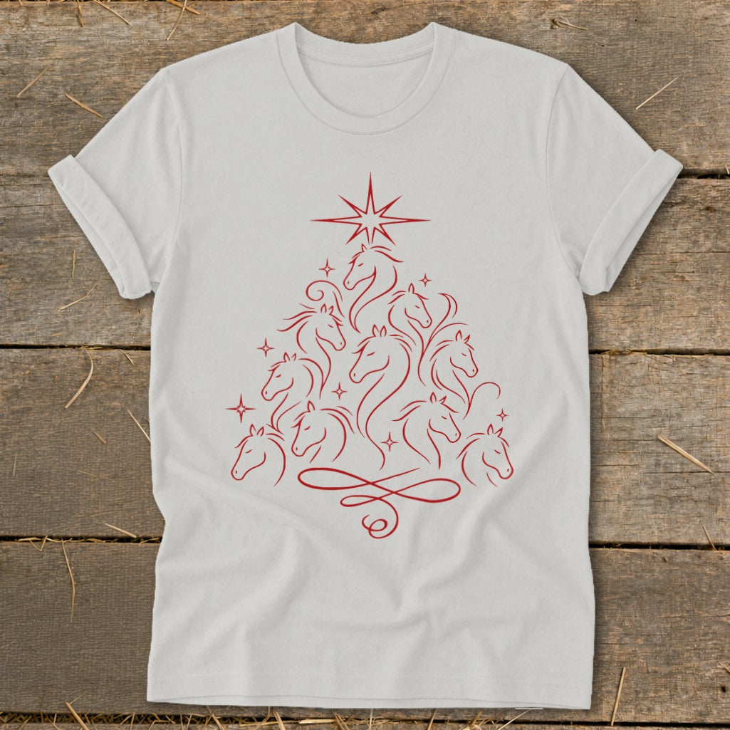 White t-shirt with red line art of horses arranged in a Christmas tree shape.