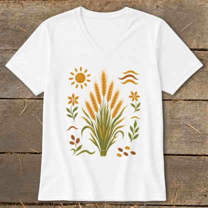 White v-neck t-shirt with wheat, sun, and floral graphic design.
