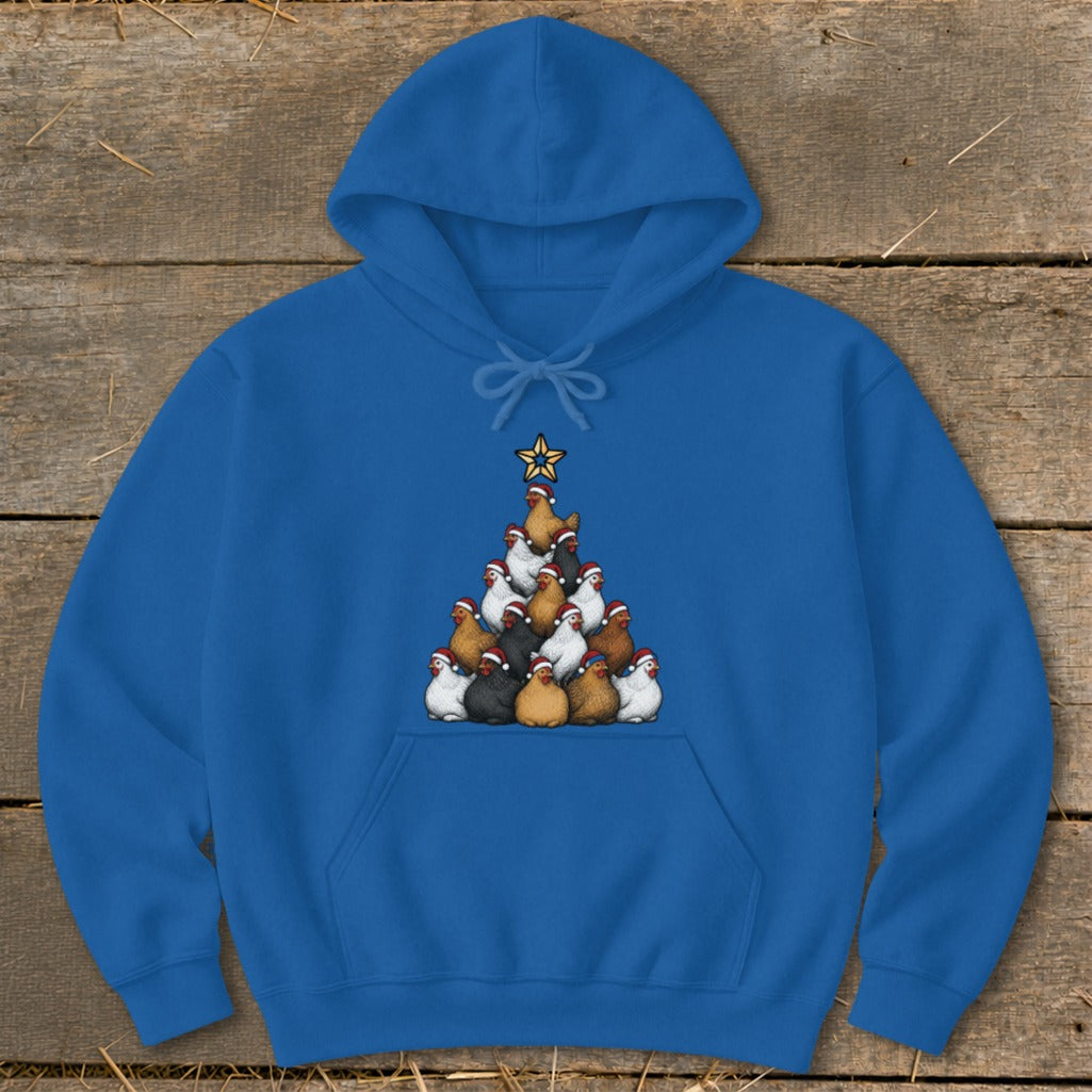 Blue hoodie with a Christmas tree made of chickens wearing Santa hats.