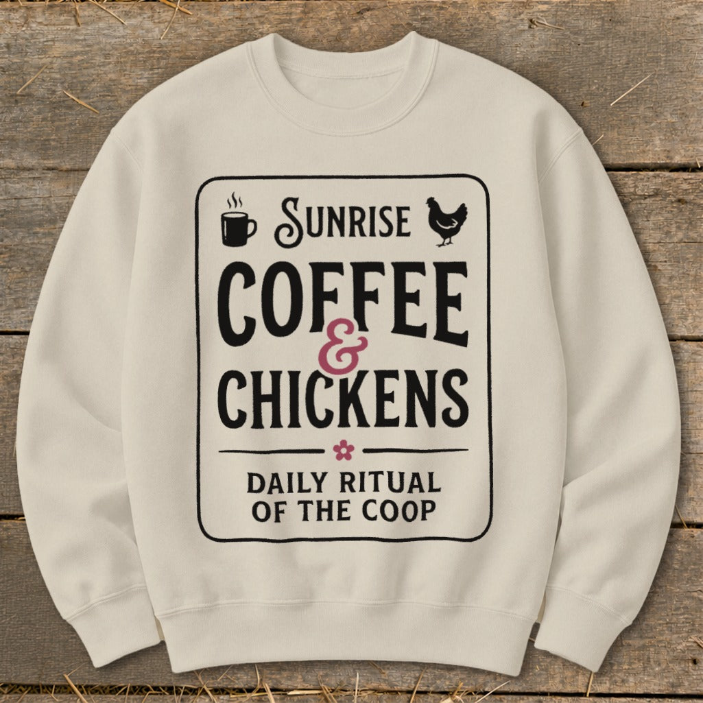 Cream sweatshirt with "Sunrise Coffee & Chickens Daily Ritual of the Coop" graphic.
