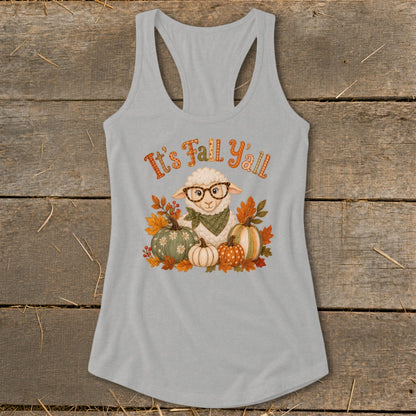 Gray tank top with "It's Fall Y'all" text and a sheep with glasses surrounded by pumpkins.