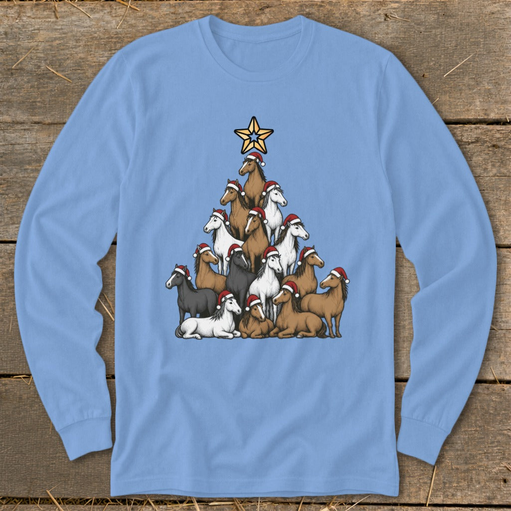 A Christmas tree made of horses wearing Santa hats with a star on top.