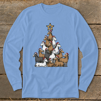 A Christmas tree made of horses wearing Santa hats with a star on top.