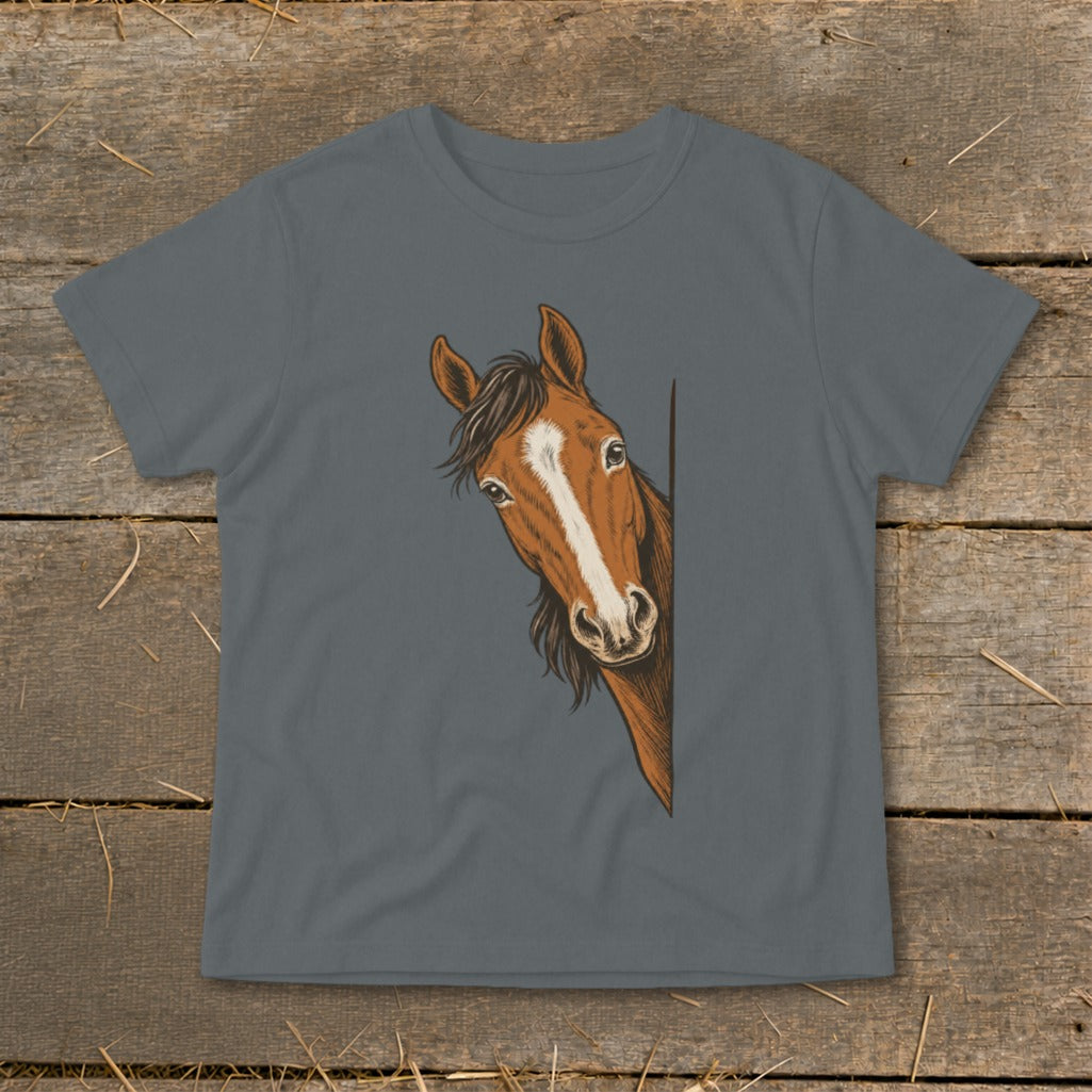 Brown horse peeking around a corner on a gray t-shirt.